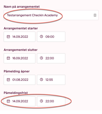 navn på arrangement og frist