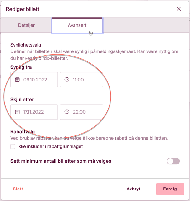 redigere billett synlighet