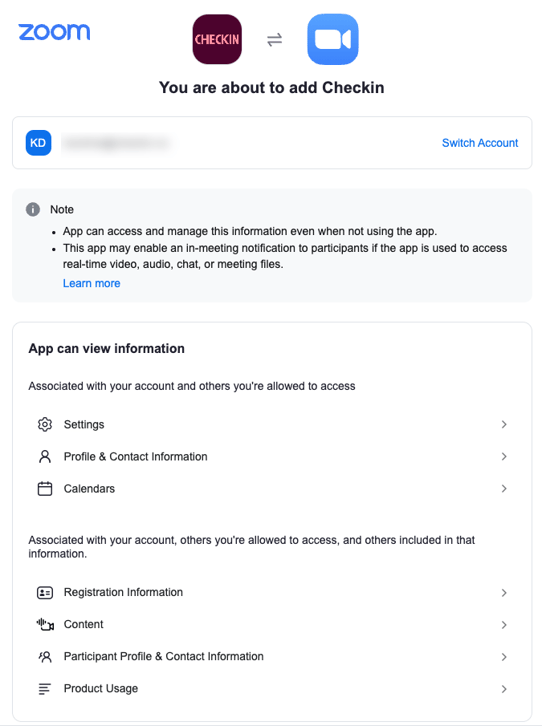 Add Checkin to your Zoom account