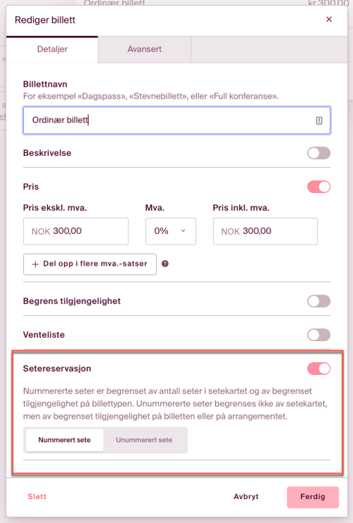 billettinnstillinger setereserasjon