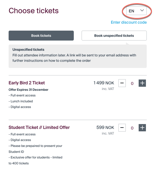 You can change language in the top right corner of the choose tickets screen
