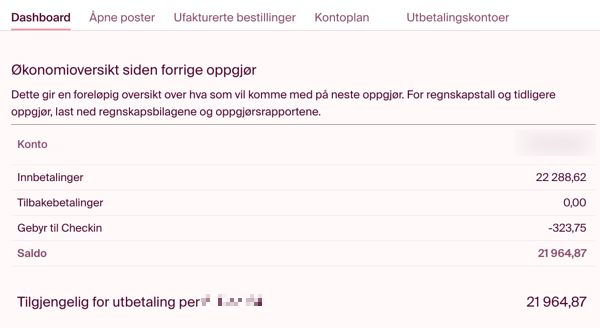 På dashboardet kan du se hvor mye er tilgjengelig for utbetaling