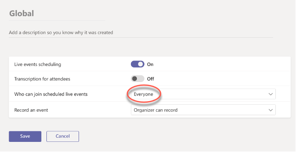 Du kan velge at alle kan delta i scheduled live events