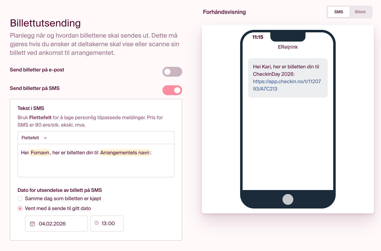 Billettutsendelse via e-post og SMS