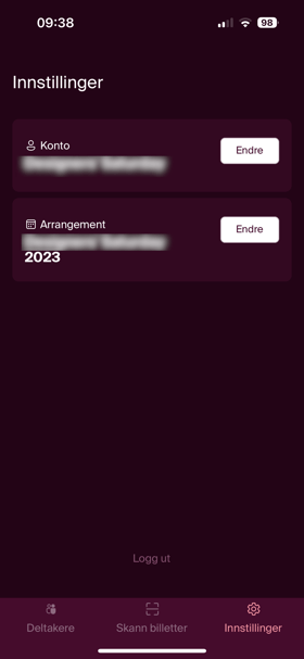 Velg arrangørkonto og arrangement