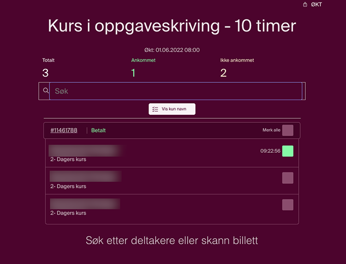 Innsjekk-skanner-deltaker registrering