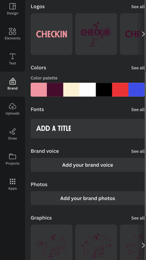 Her ser du eksempel på et merkevaresett i Canva