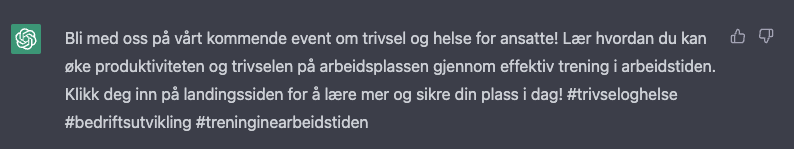 ChatGPT foreslå en kort tekst som vi kan bruke på Facebook