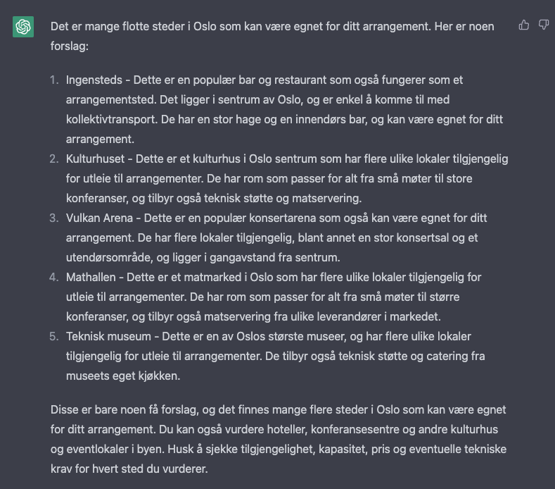 ChatGPT foreslå 5 ulike steder i Oslo som egner seg for et arrangement med 50 til 100 deltakere