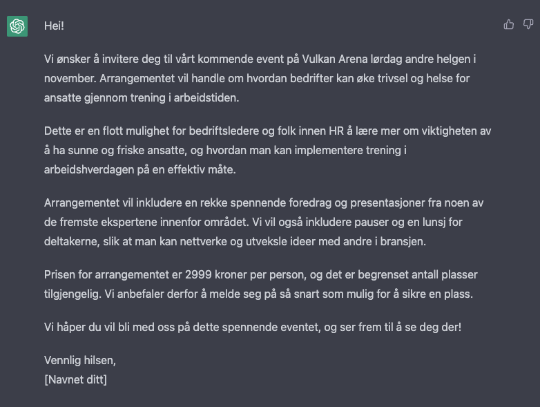 ChatGPT skrev en fin e-post invitasjon om arrangementet vårt