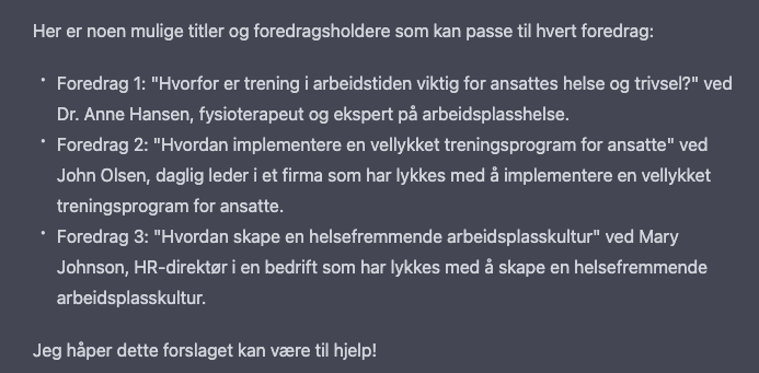 ChatGPT ga oss også tre mulige titler til arrangementet vårt