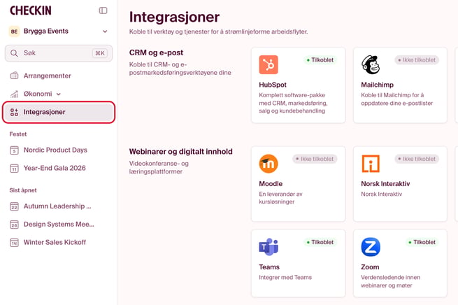 Under Integrasjoner finner du alle app, systemer og løsninger du kan koble med Checkin