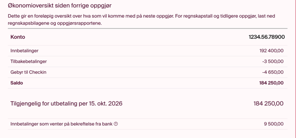 På dashboardet kan du se hvor mye er tilgjengelig for utbetaling