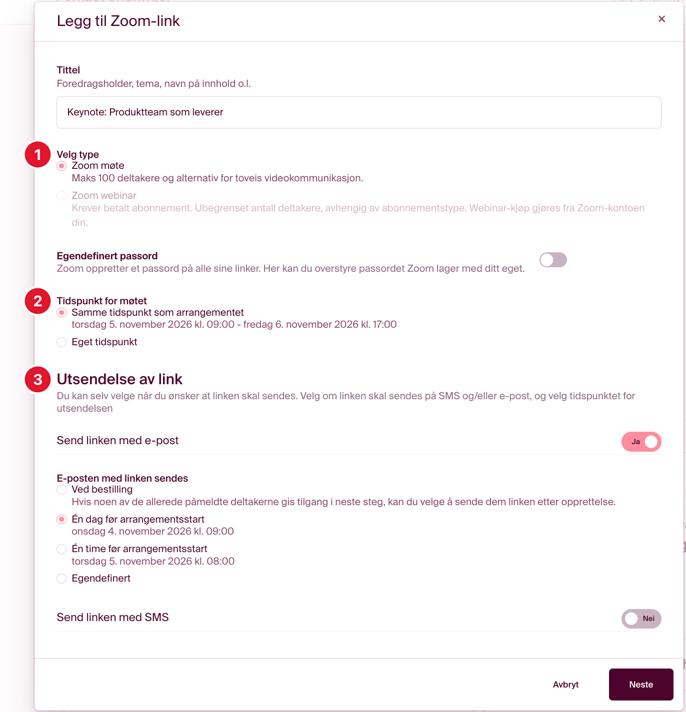 Legg til Zoom linke ved å sette inn navn for møtet eller webinar