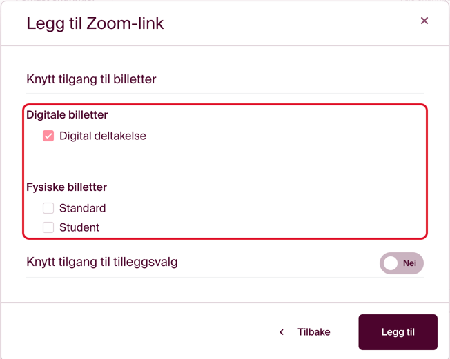 Velg hvilke billetter deltakeren skal motta