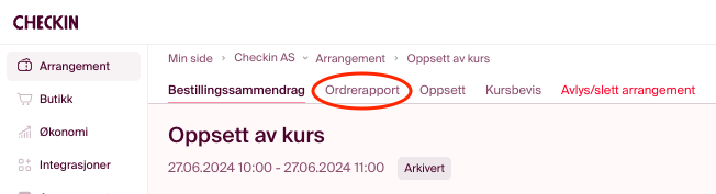 ordrerapport meny