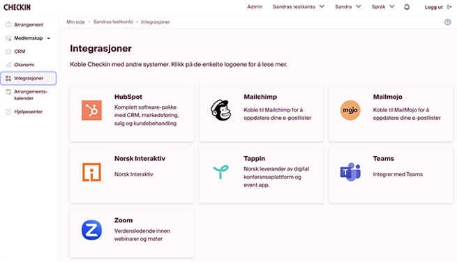 Under Integrasjoner finner du alle app, systemer og løsninger du kan koble med Checkin