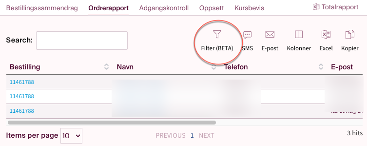 Filter knappen finner du til venstre ved siden av SMS og E-post
