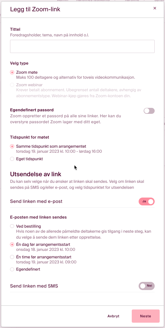 Legg til Zoom linke ved å sette inn navn for møtet eller webinar