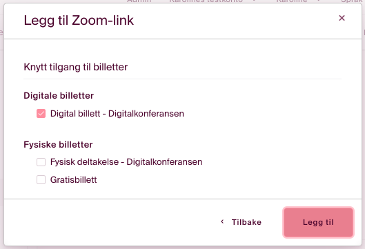 Velg hvilke billetter deltakeren skal motta