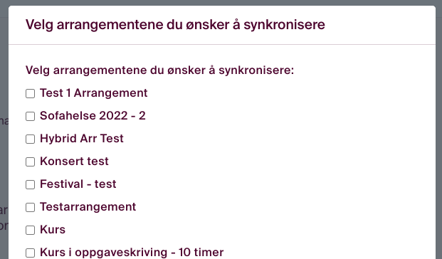 Du blir spurt å velge de arrangementer du ønsker å synkronisere med HubSpot