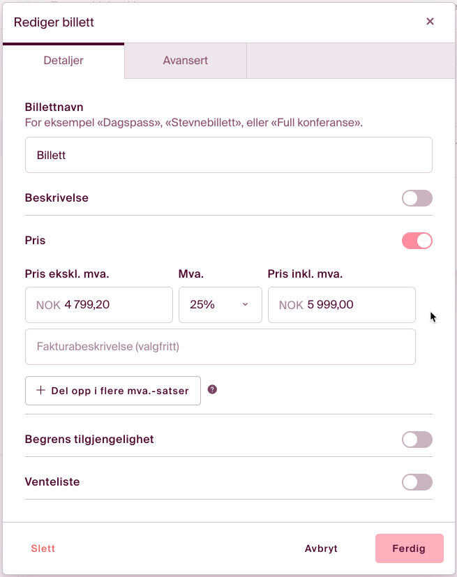Her kan du opprette og redigere billettene dine