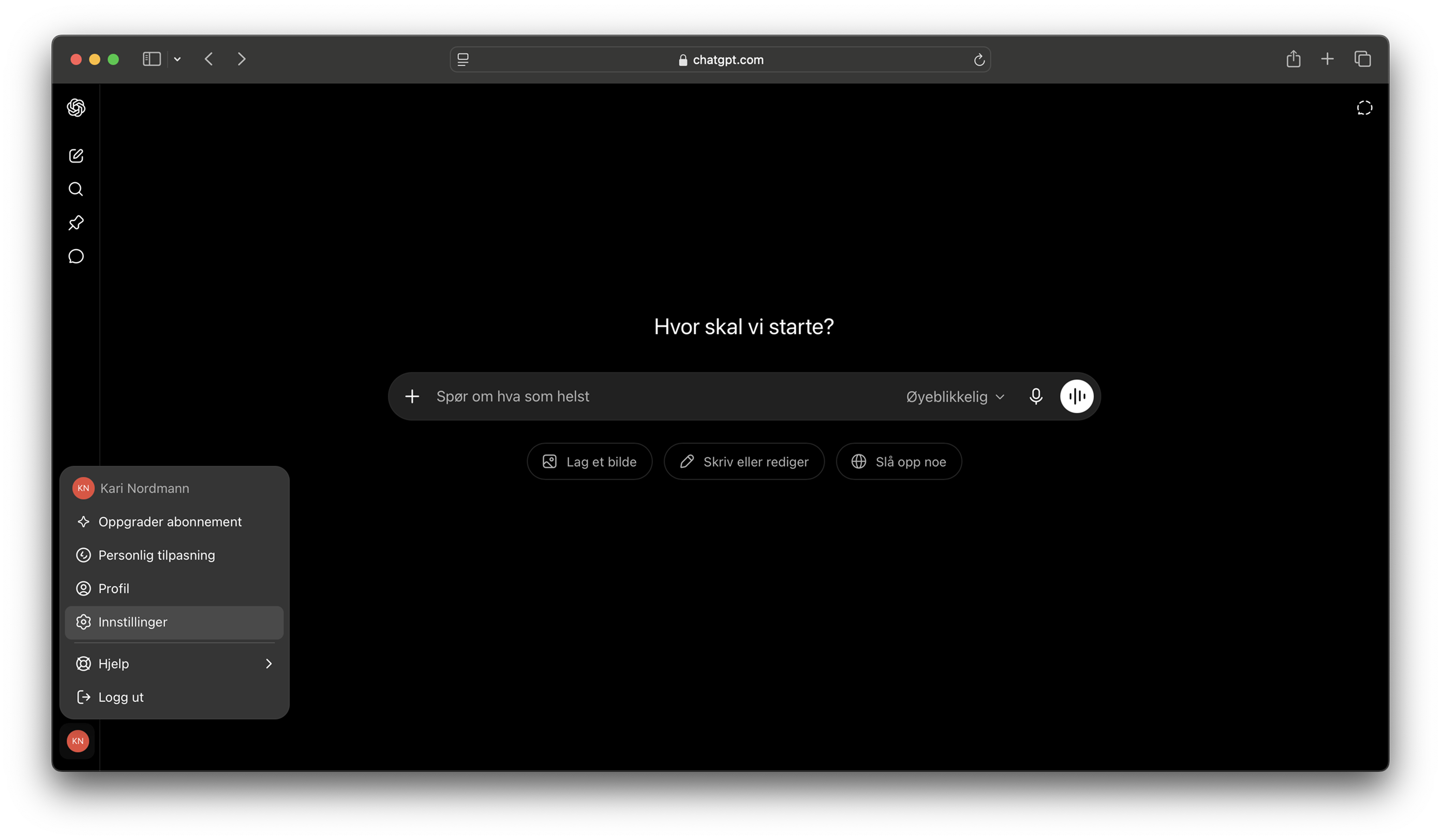ChatGPT: åpne Innstillinger fra kontomenyen