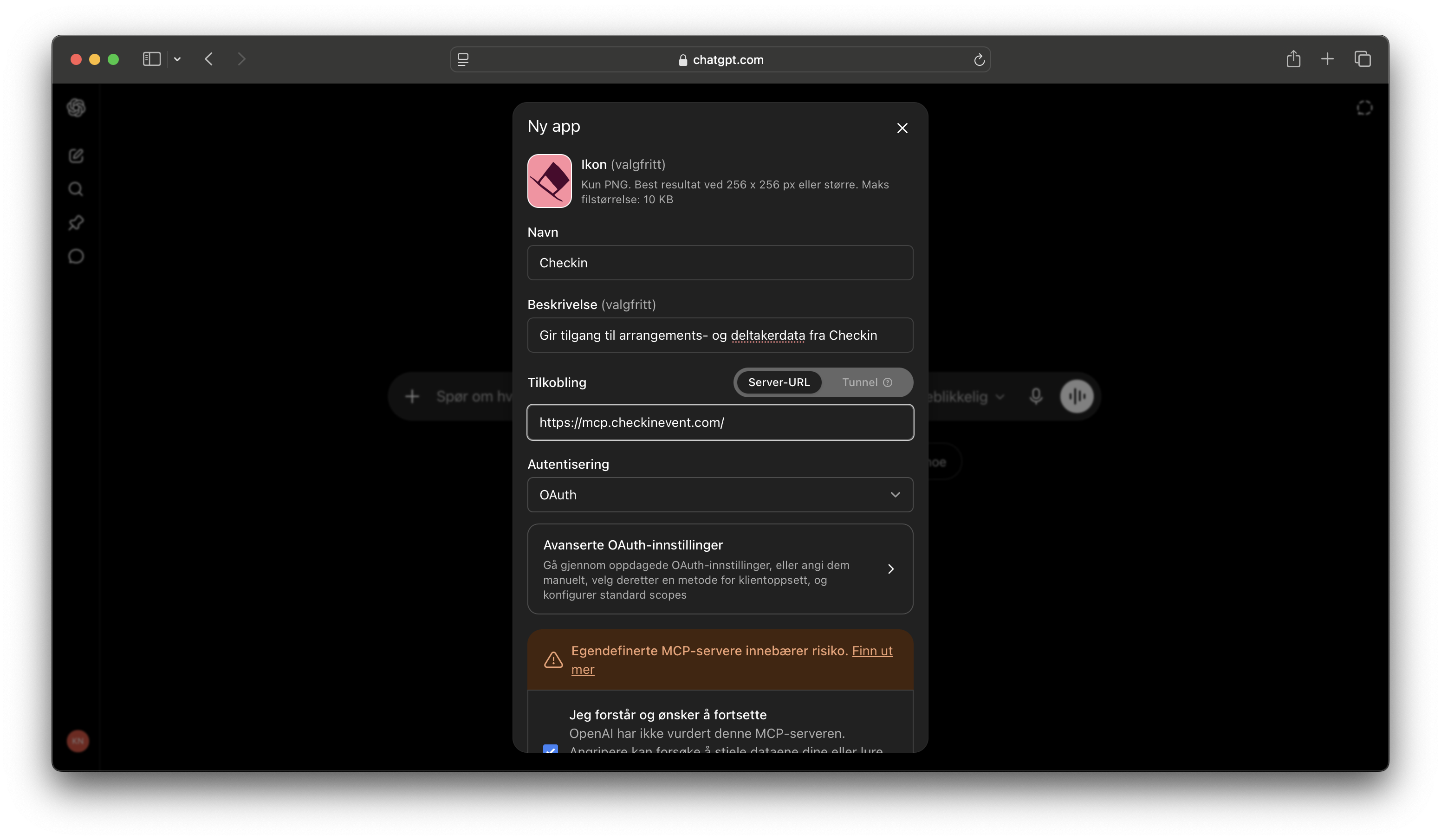 ChatGPT: lim inn server-URL og velg OAuth