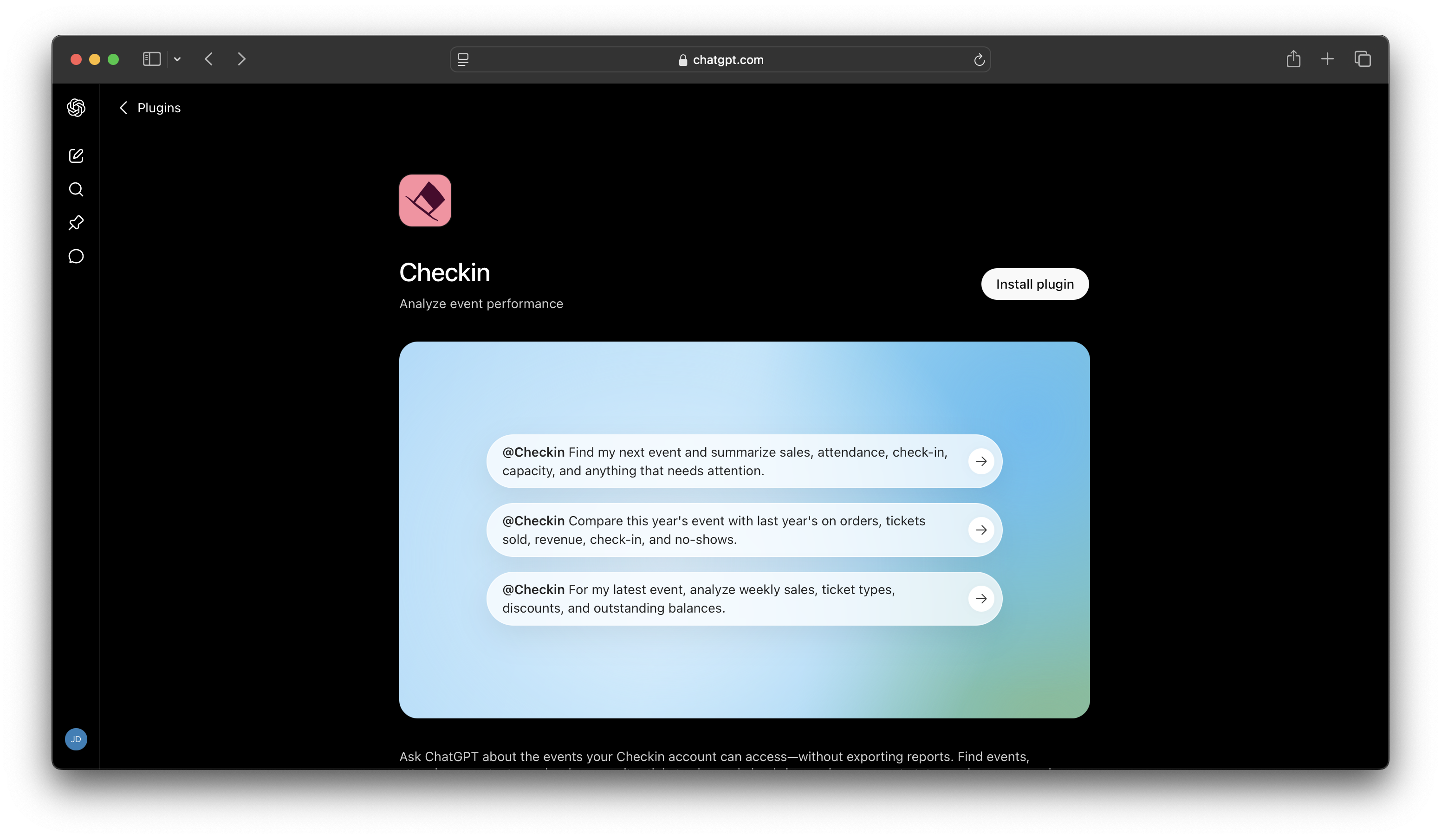 Checkin in ChatGPT's app directory, with the Install plugin button visible