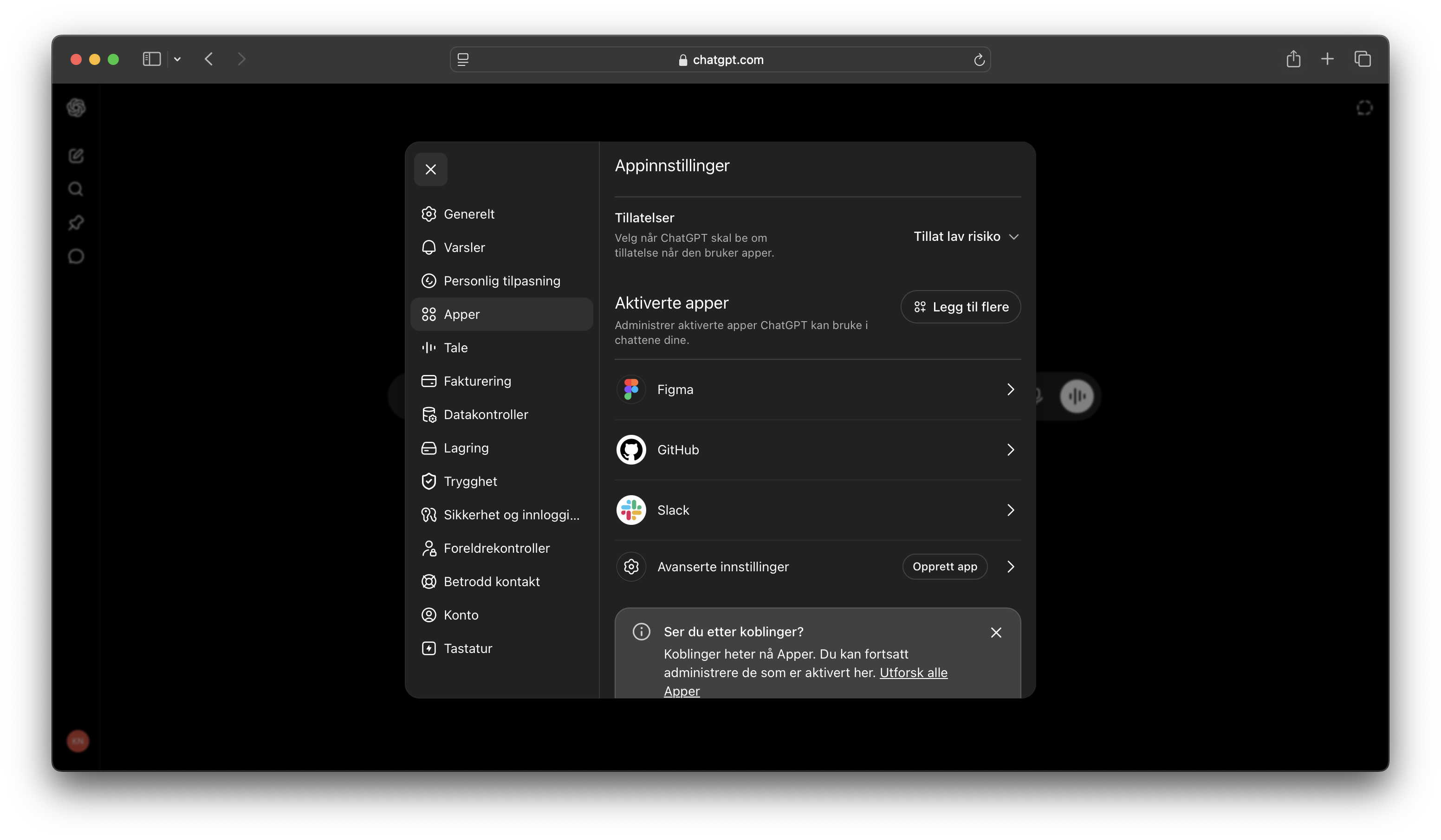ChatGPT: Appinnstillinger — opprett en ny app