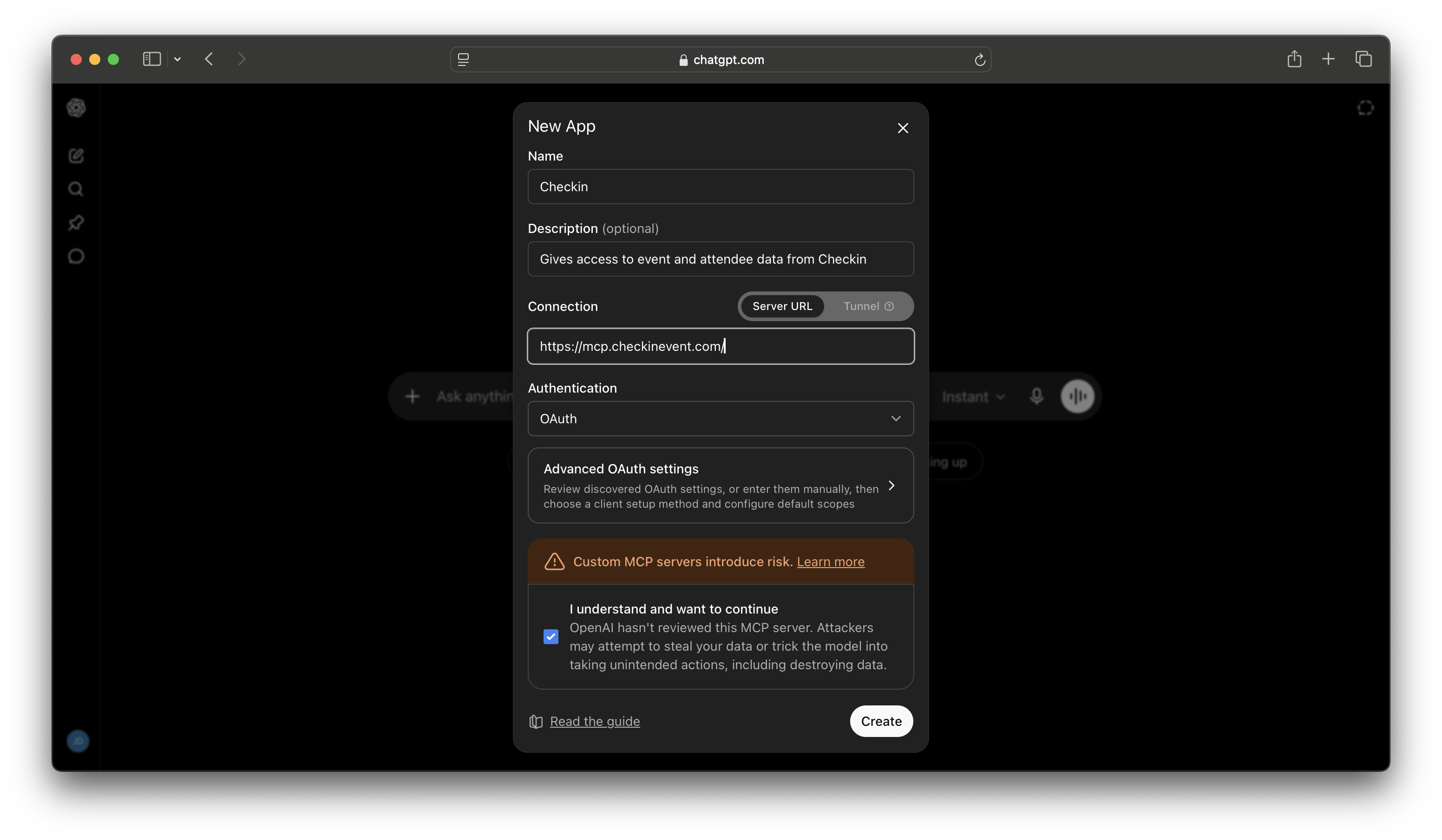 ChatGPT: lim inn server-URL, velg OAuth og opprett appen
