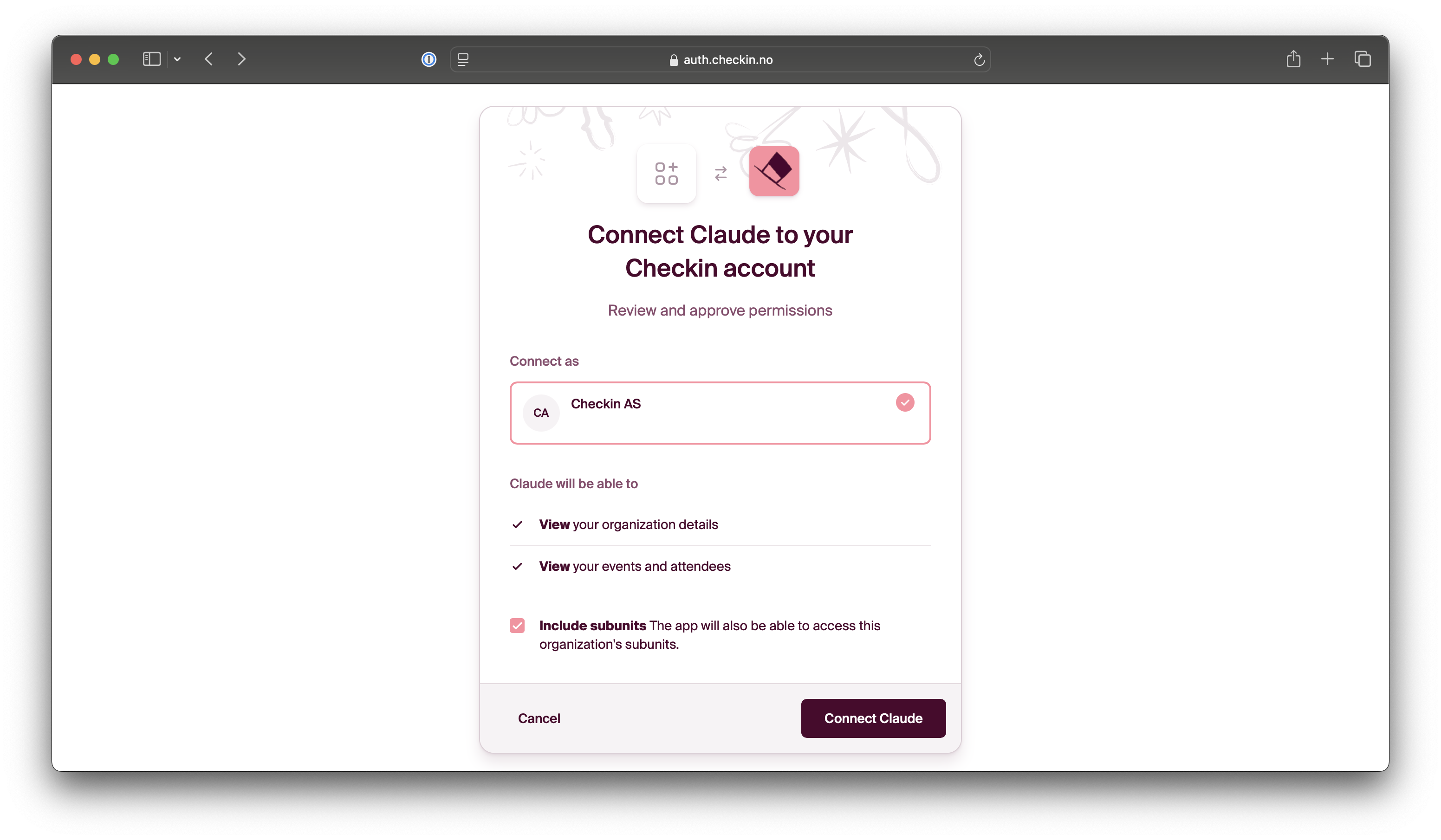 auth.checkin.no: godkjenn og koble til Claude