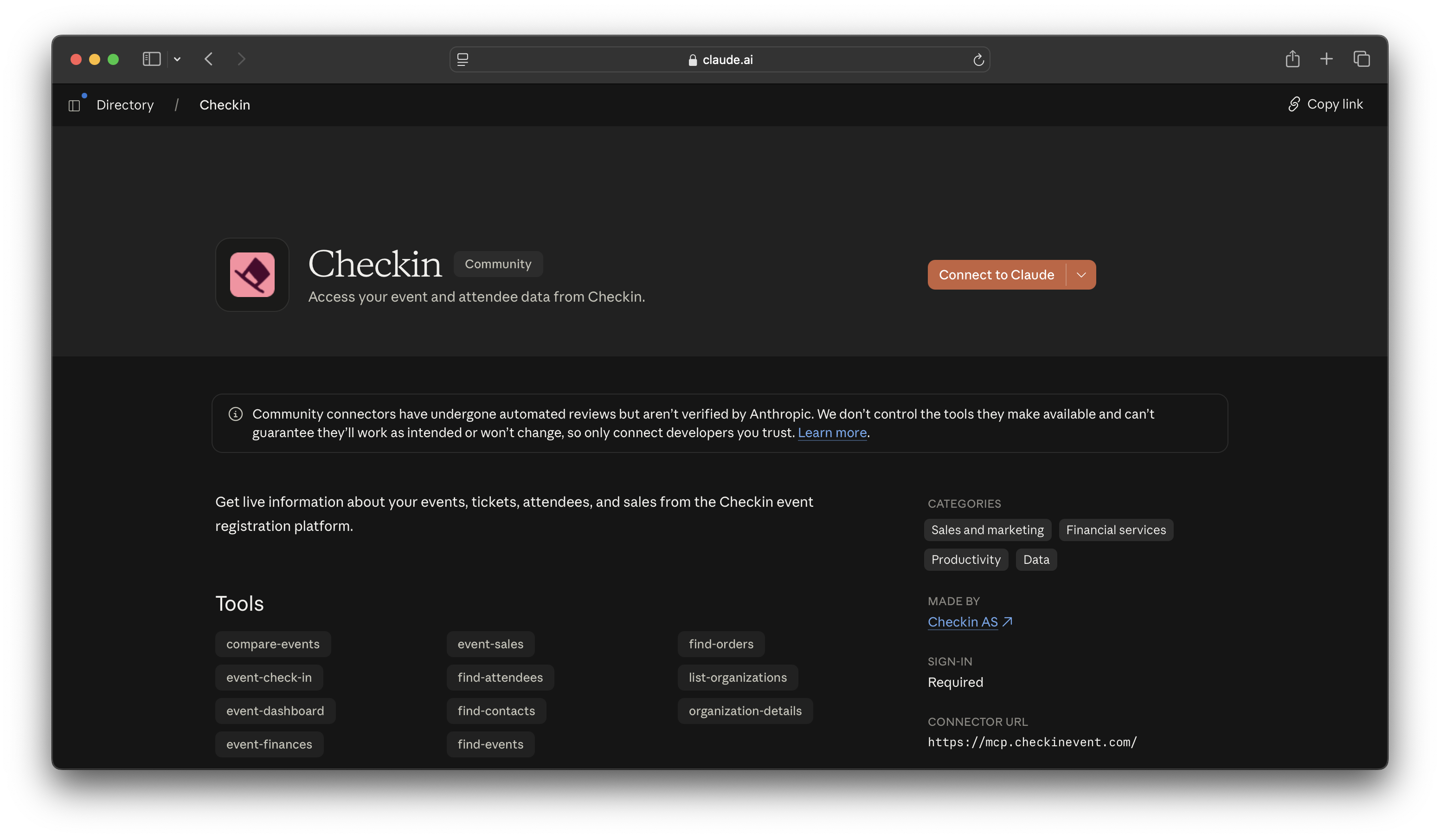 Checkin i Claudes anslutningskatalog, med Connect-knappen synlig