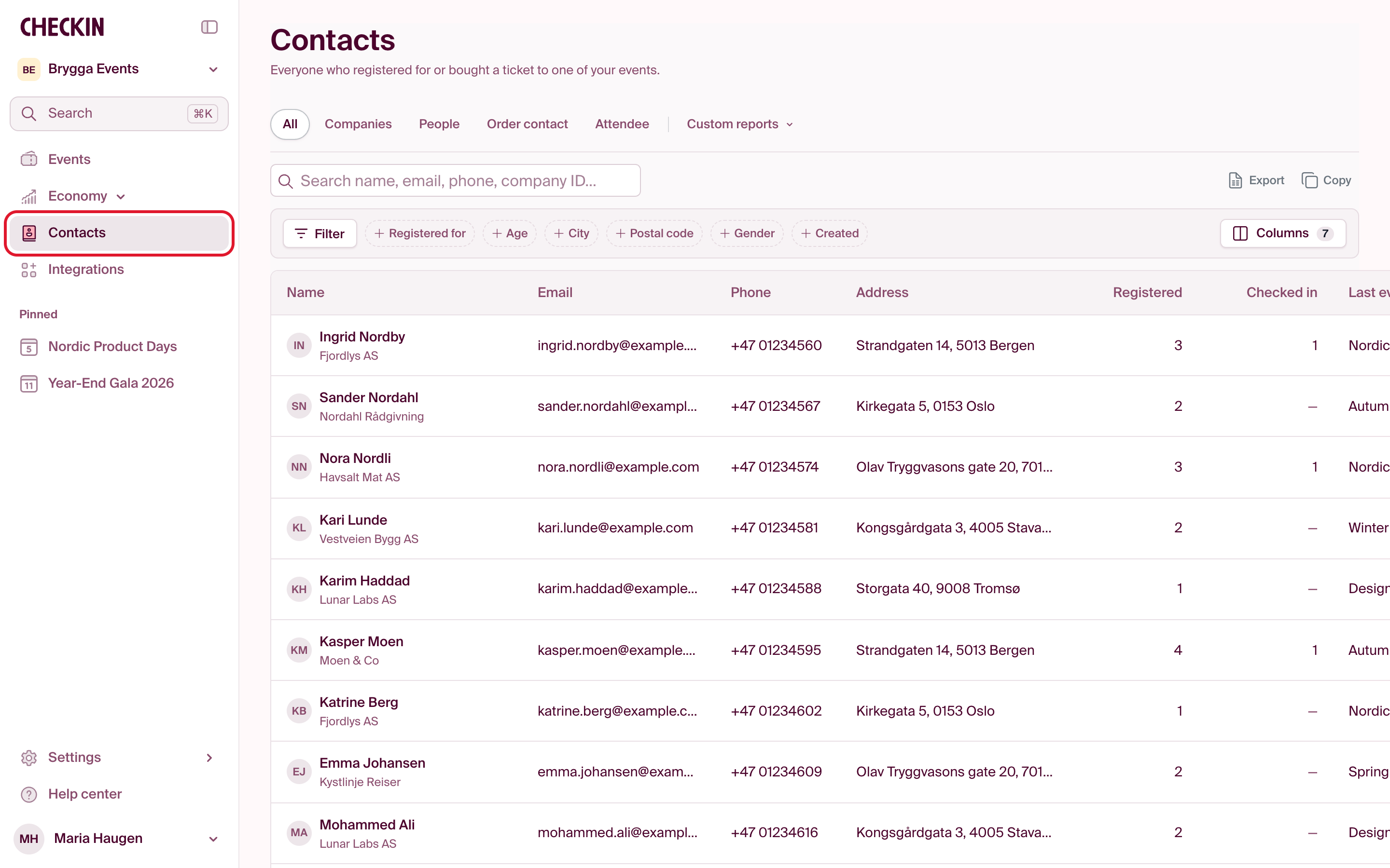 Contacts in the sidebar, with the list of contacts