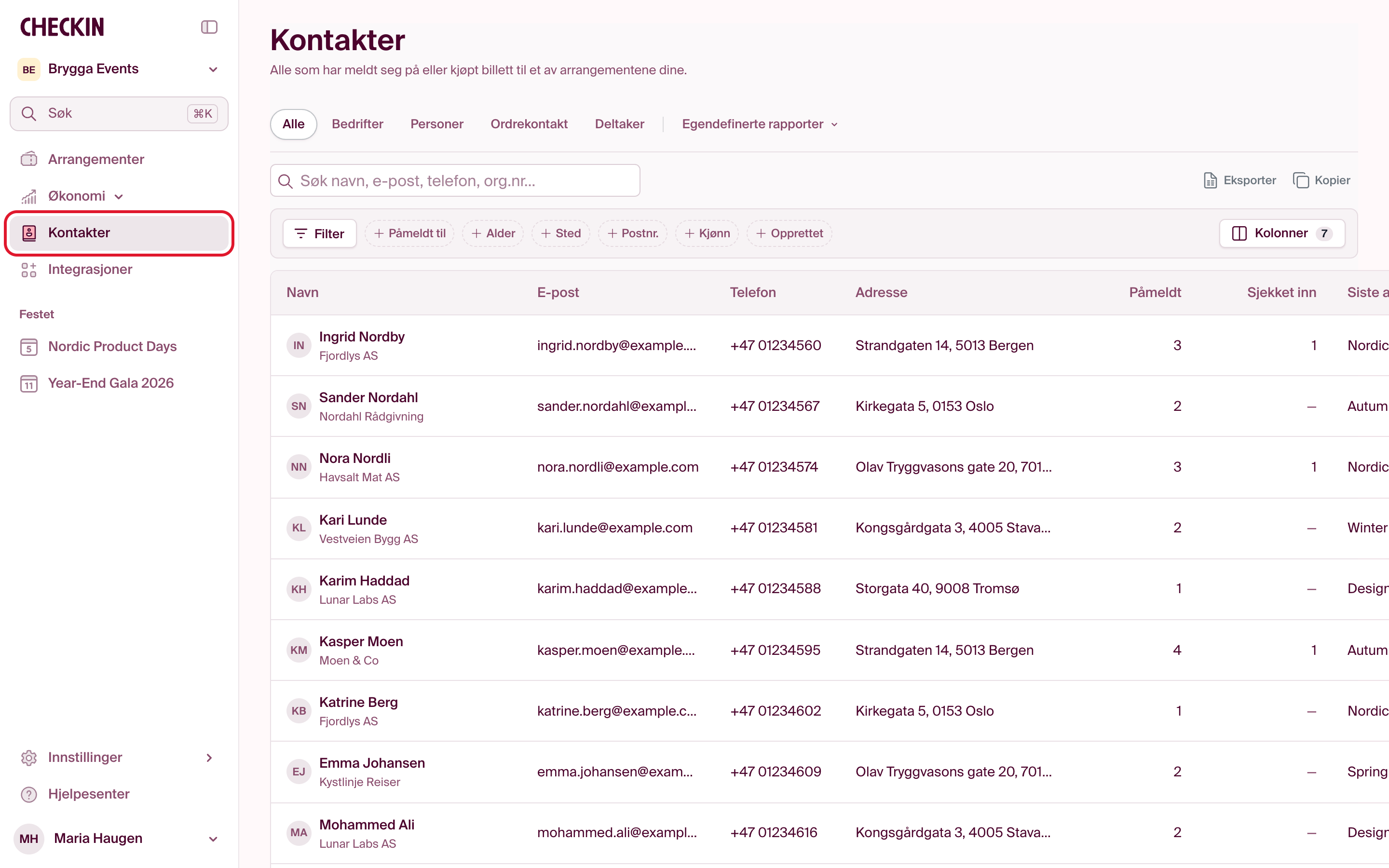 Kontakter i sidemenyen, med listen over kontakter