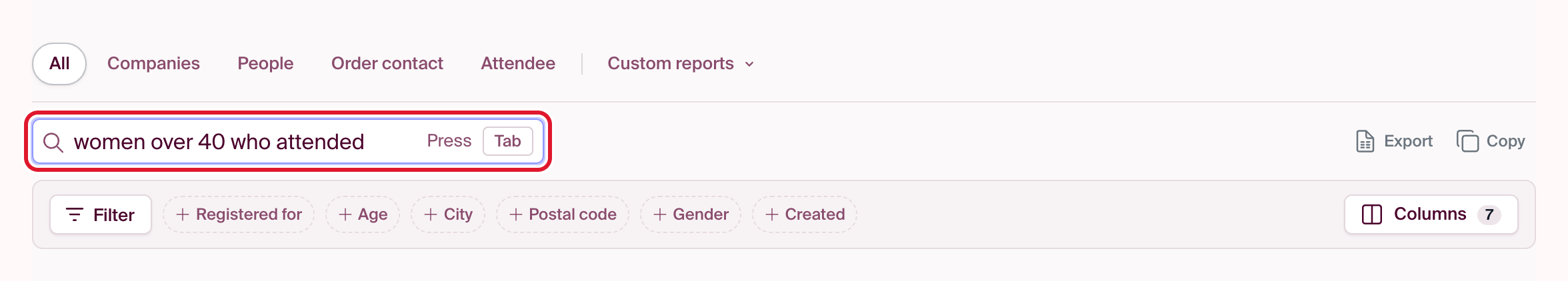 A sentence in the search field, with “Press Tab”