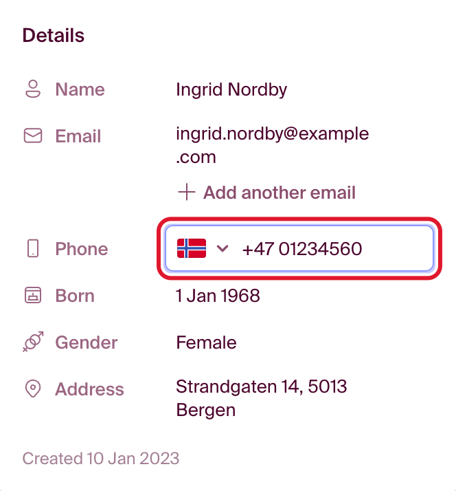 Editing the phone number on the contact card