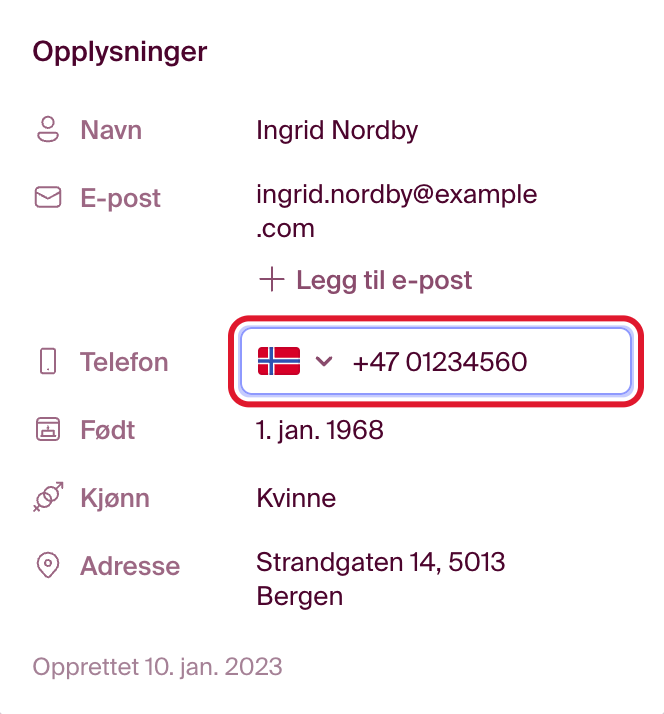 Telefonnummeret redigeres i kontaktkortet