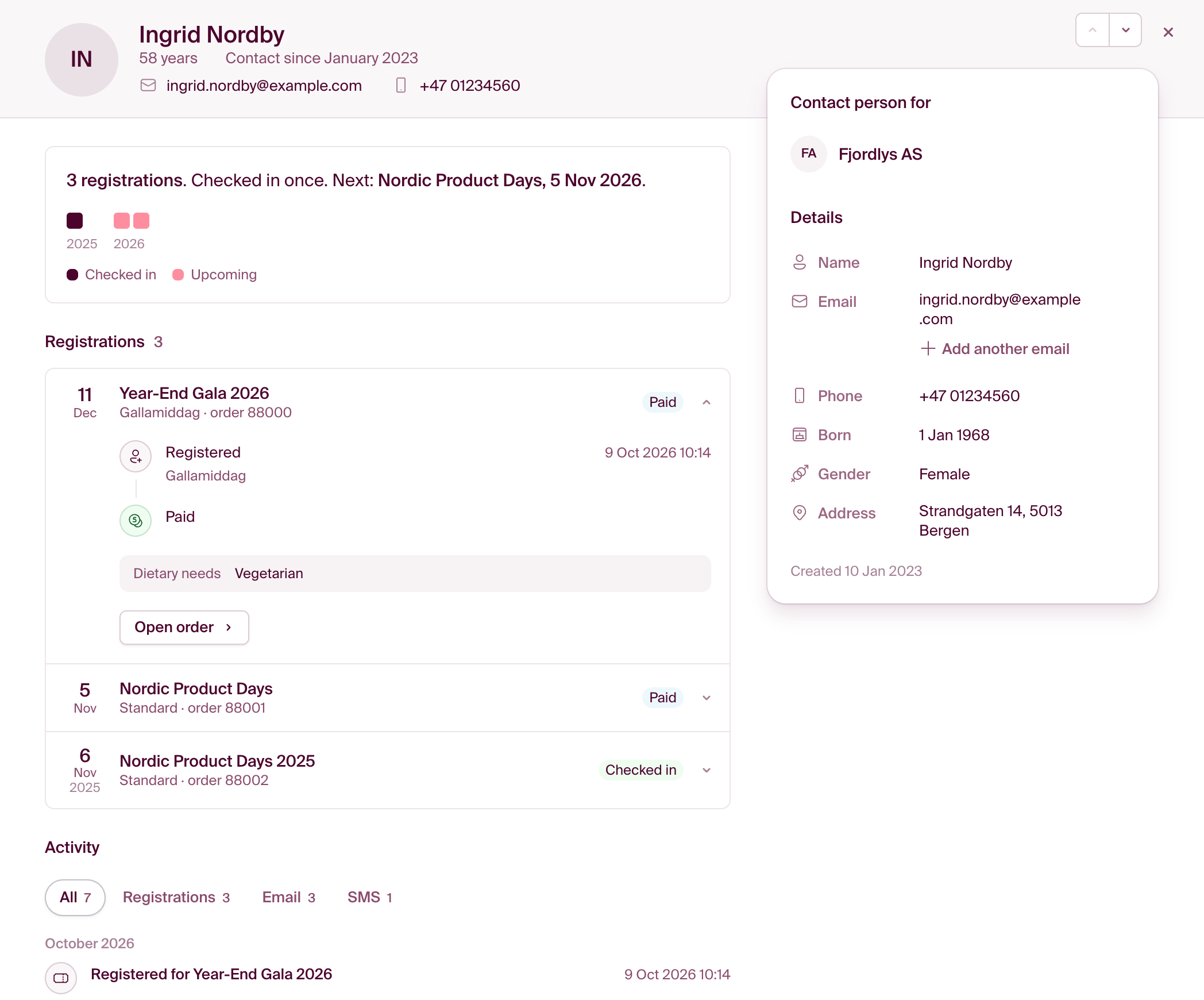 The contact card with registrations, activity and details