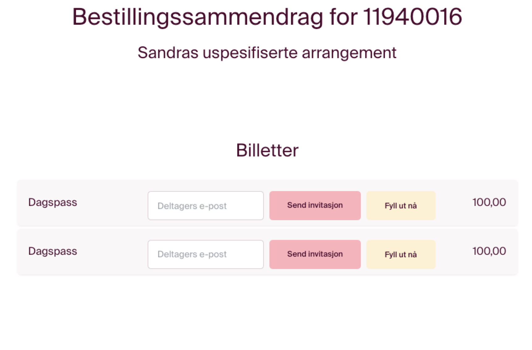 Oversikten som viser bestillingssammendrag